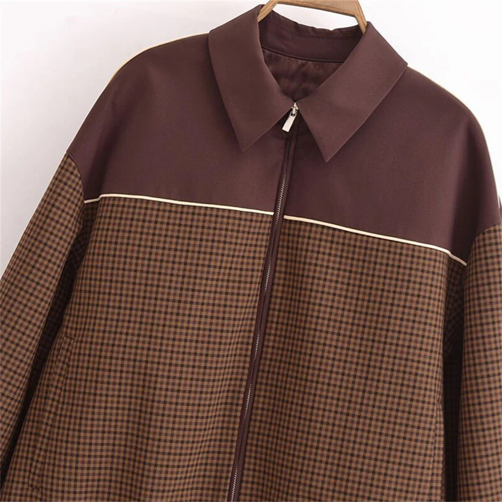 UNIZERA Retro Loose Plaid Splicing Zipper Jacket AutumnWinter Casual Collar Long Sleeve for Women 250211