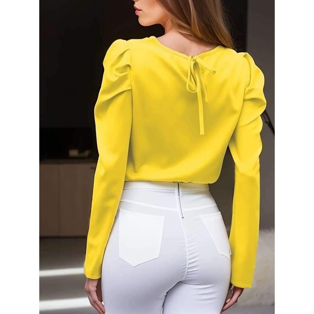 New Fashion Chic Female Elegant Long Sleeve Ruched Blouse - Women's Solid Crew Neck Top For Casual And Formal Wear
