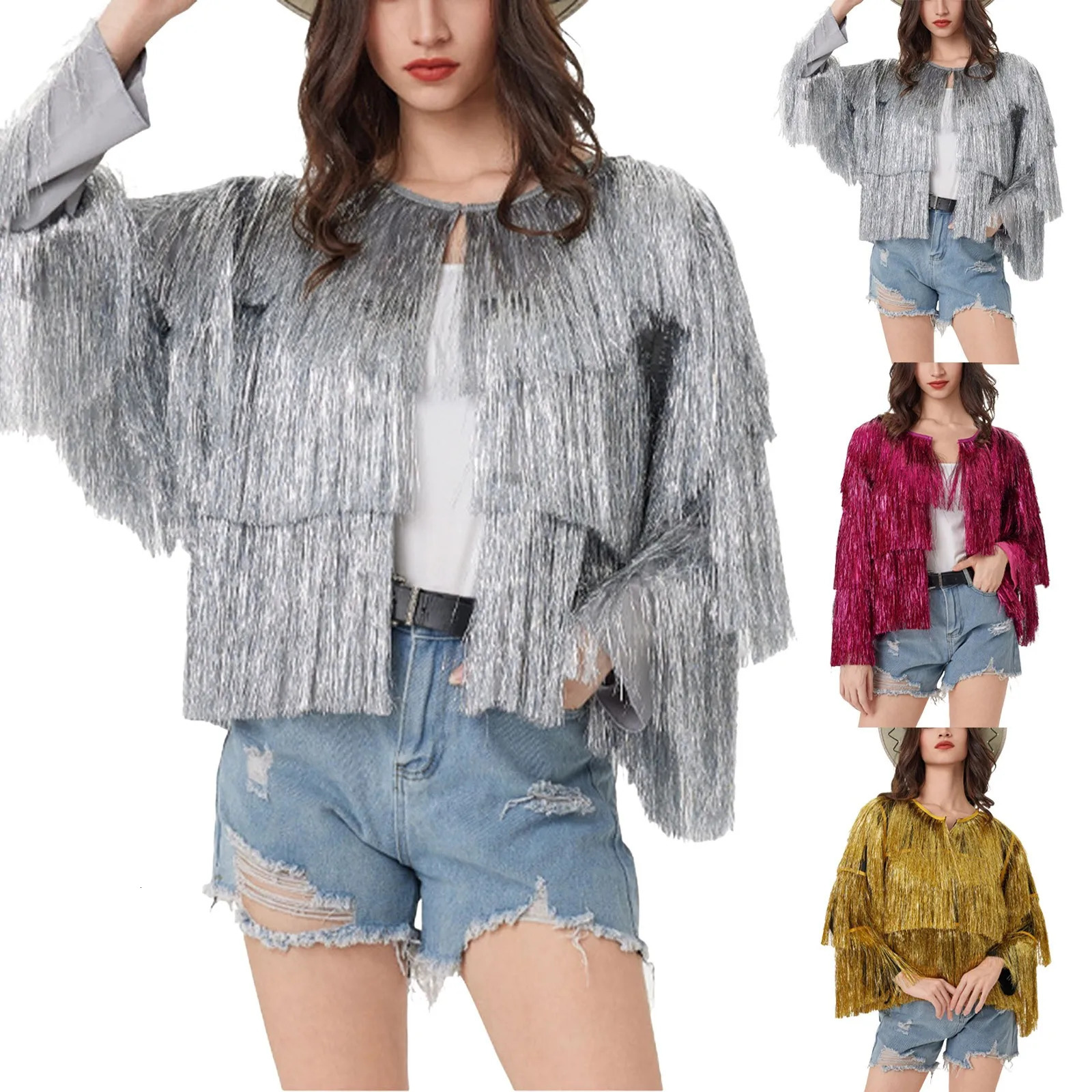 WomenS Glitter Sequin Jacket Hiphop Long Sleeve Fringe Zip Fly Club Outwear Streetwear Coats For Female 250213