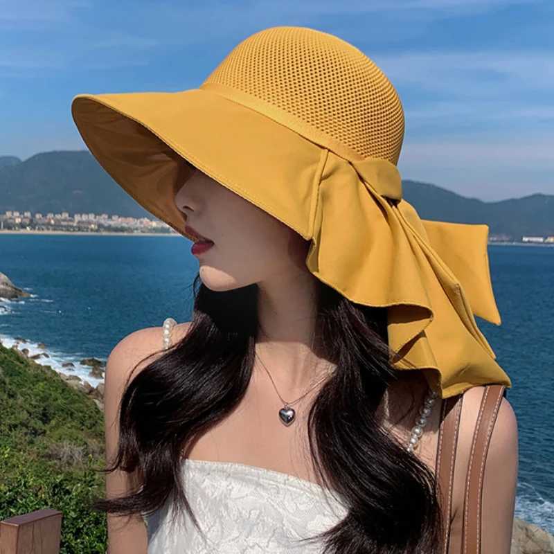 Summer womens bucket hat with shawl breathable beach sun hat large bow womens wide Brim Face Neck protective Visor hat W250217