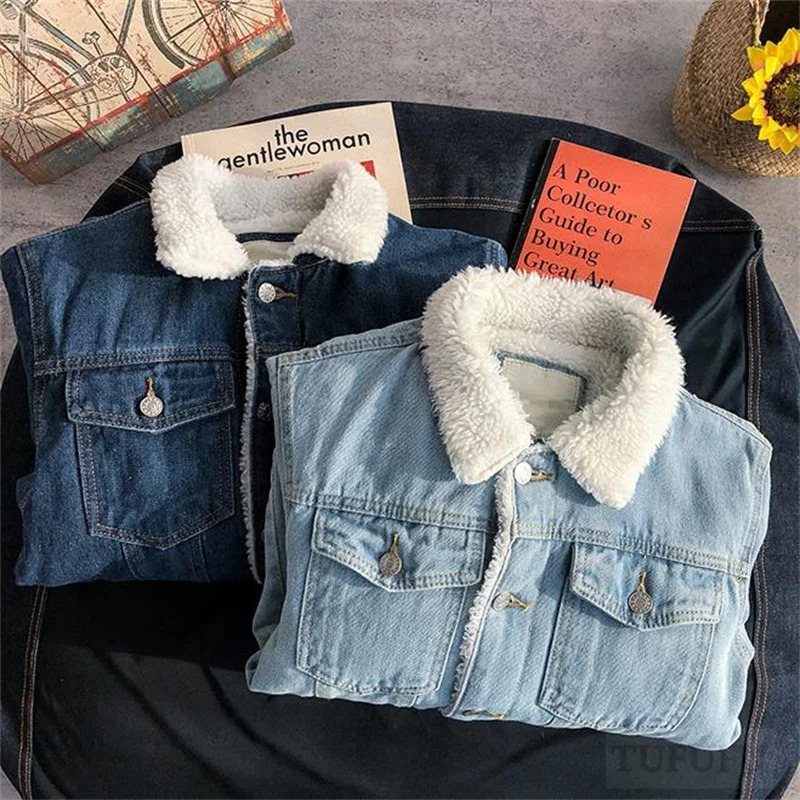 Plus velvet longsleeved jacket mens winter style denim cotton lamb wool Korean thickened 250212