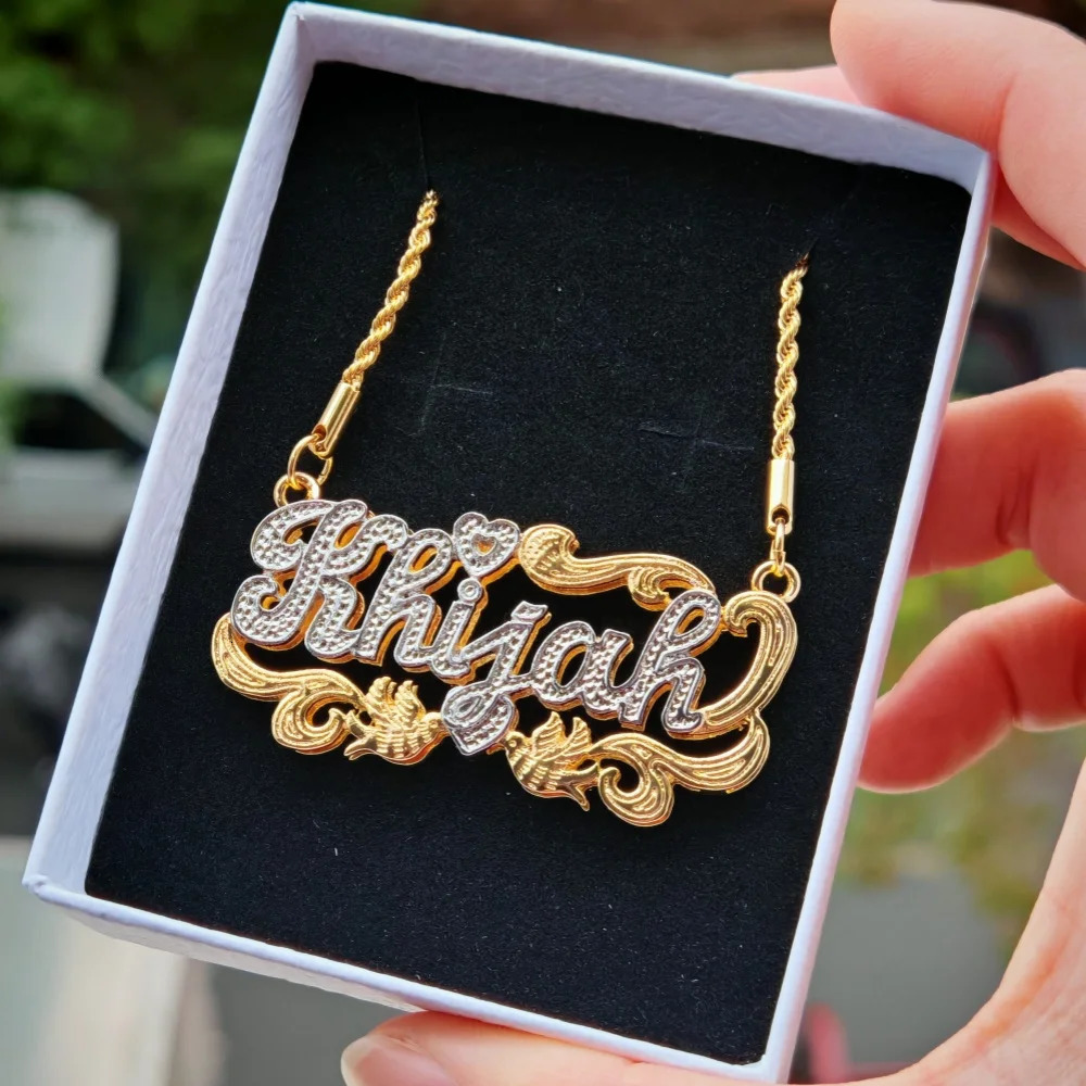 LeeChee Custom Name Double Layer Necklace 18K Gold Two Tone Heart Bird Personalized Jewelry For Adult 250214