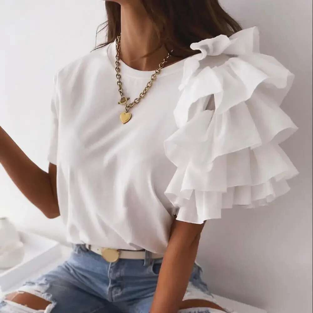 Fashion Blouse Women Elegant White Solid Color Layered Ruffle Short Sleeve Asymmetric Loose T-Shirt Top For Summer Women Blouses