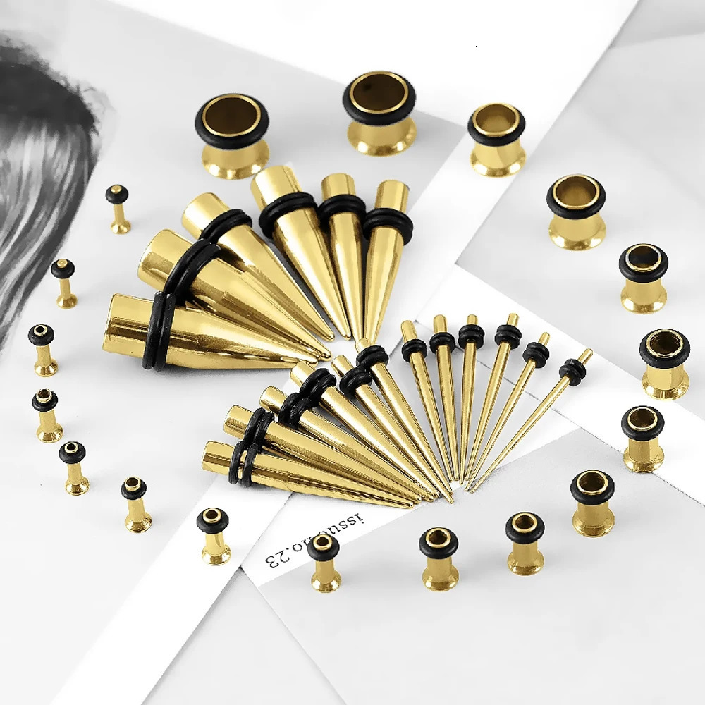 Colore Oro 36Pcs Set Di Calibri Conico Da 14 G-00 G Di Topi Di Allungamento In Carne Di Allungamento Topi E Tappi In Acciaio Inossidabile Expander L-image
