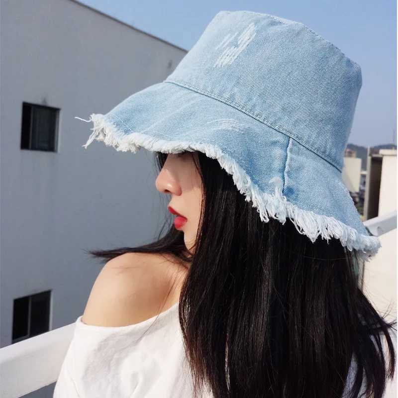 New Summer Unisex Tassel Washed Denim Bucket Hats Fashion for Women Wide Brim Foldable Panama Cap Outdoor Beach Fishermans Hat W250217