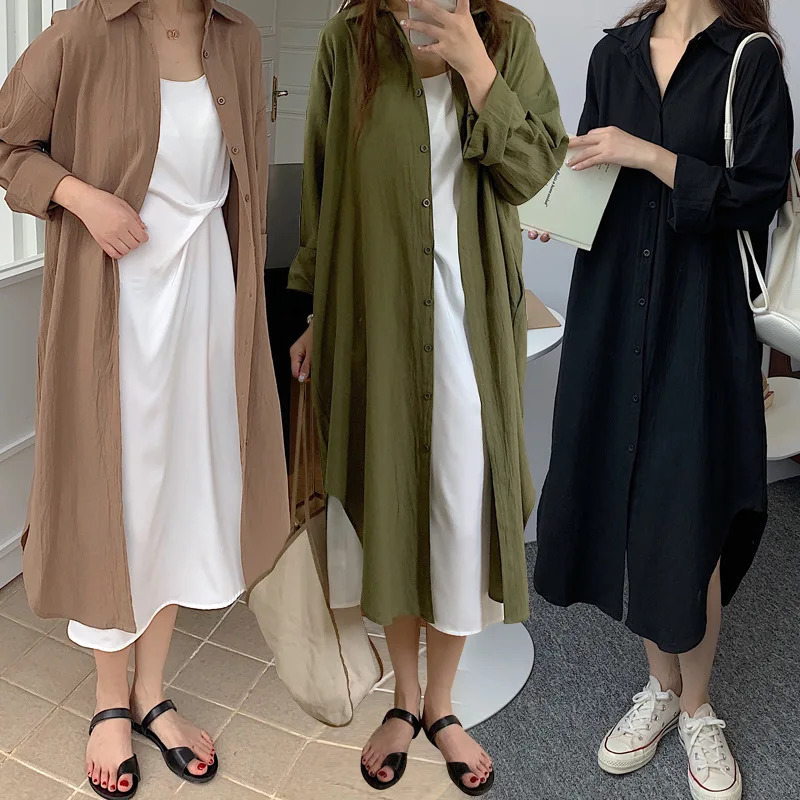 Womens White Shirt Dress Oversized Casual Cotton Loose Dress Long Sleeve Button Blue Midi Long Top 250213