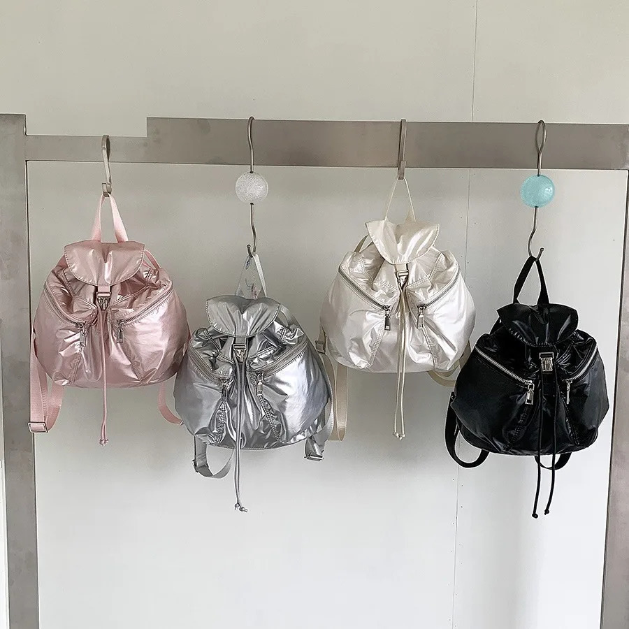 Womens Small Waterproof Nylon Backpacks 2024 Summer Y2K Korean Fashion Silver Backpack Lady Travel Drawstring Back Packs 250122
