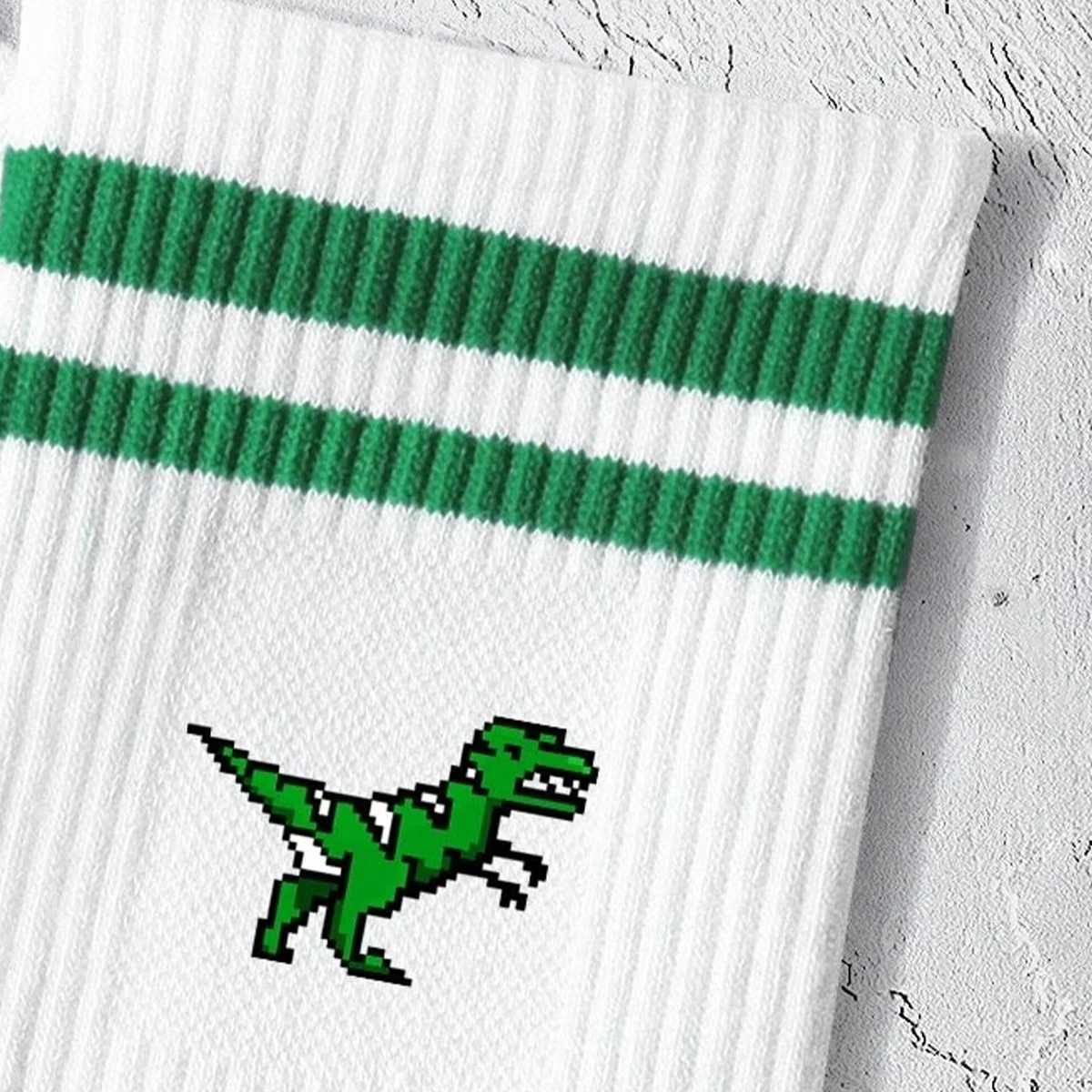 Mens and womens green striped cartoon dinosaur cute and comfortable socks breathable sweat absorbing deodorant crew socks W250217