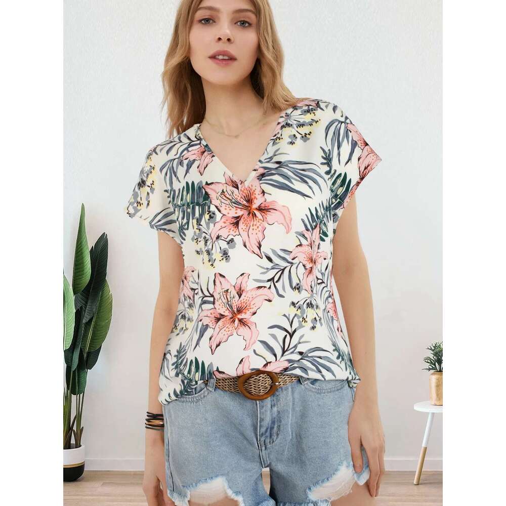 Women All Over Ral Print V Neck Batwing Sleeve Blouse Ladies Tops Shirts