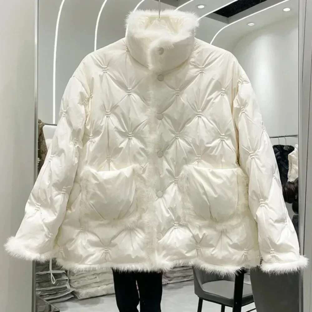 Fashion Women Winter Warm New Stand Collar Loose Embroidery Natural Mink Fur Jacket White Duck Down Coat