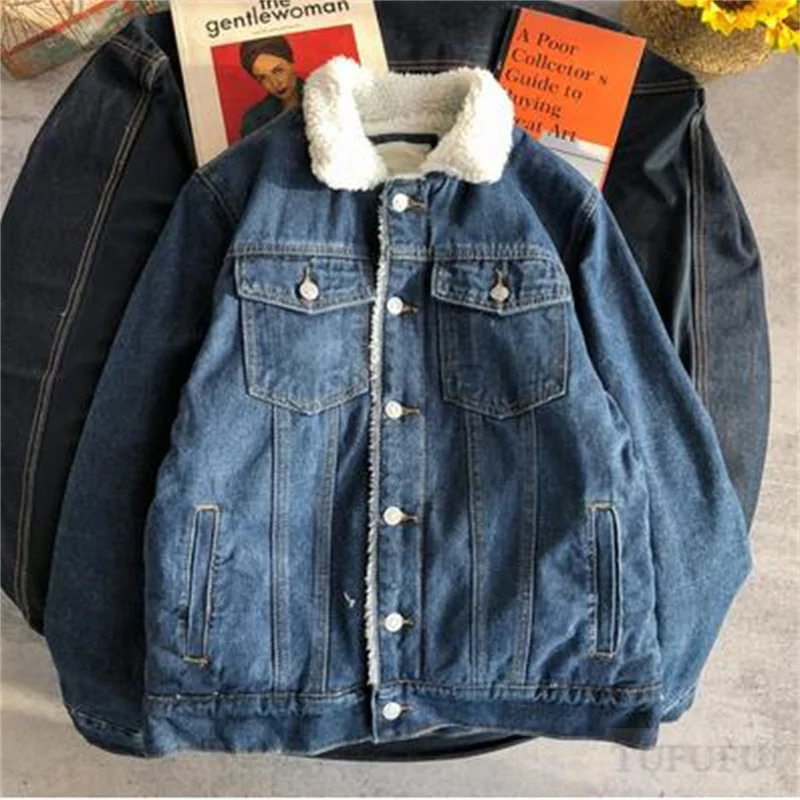 Plus velvet longsleeved jacket mens winter style denim cotton lamb wool Korean thickened 250212