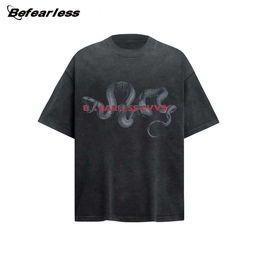 Wash old snake print short for summer, American style wash water to make old, loose trendy brand, men's and women's half sleeved T-shirt