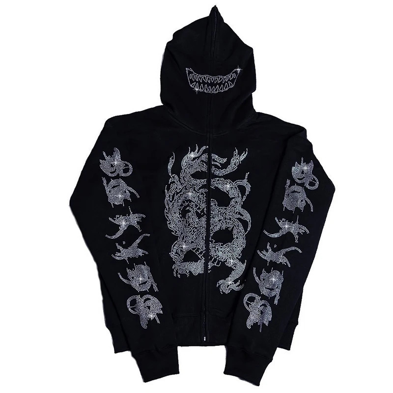 Fall Winter Rhinestone Embroidery Black Retro Jacket Men Women Hooded Sports Long Sleeve Oversized Casual Zipper Jackets Y2k Top 250211