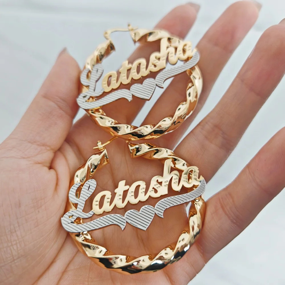 LeeChee Two Color 3D Custom Letter Name 50mm Hoop Earloop Stainless Steel Earrings Jewelry Gift For Women 250214