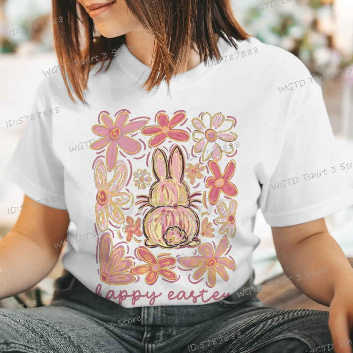 Happy Easter Bunny T-shirts s Pink Easter Floral Short Sleeve T-shirt Glitter Easter Bunny Coquette Bow Flower Vintage Shirt 250217