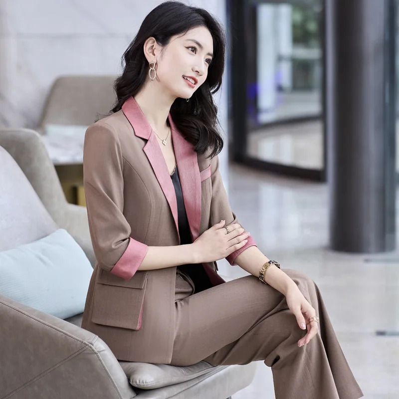 High End Professional Suit Office Women Blazer 2 Piece Set Fashion Big Pocket Female Jacket Casual Flared Trousers 250210