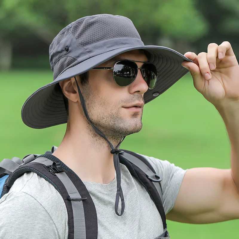 Mens Breathable Mesh Fisherman Caps Summer UV Protection Sun Hat Wide Brim Bucket Hat For Women Outdoor Anti UV Fishing Hats W250217