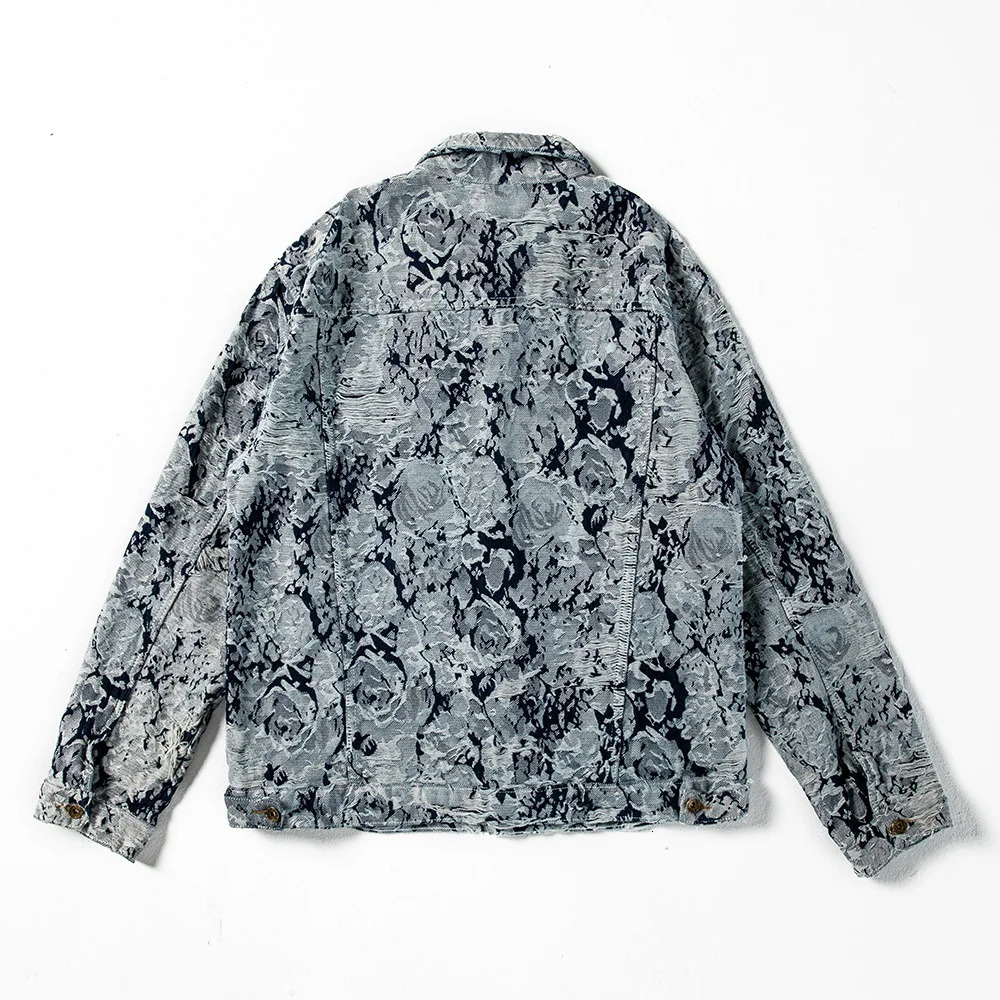 Men Ripped Distressed Denim Jacket Flower Jacquard Weave y Coat Loose Long Sleeve Outerwear 250210