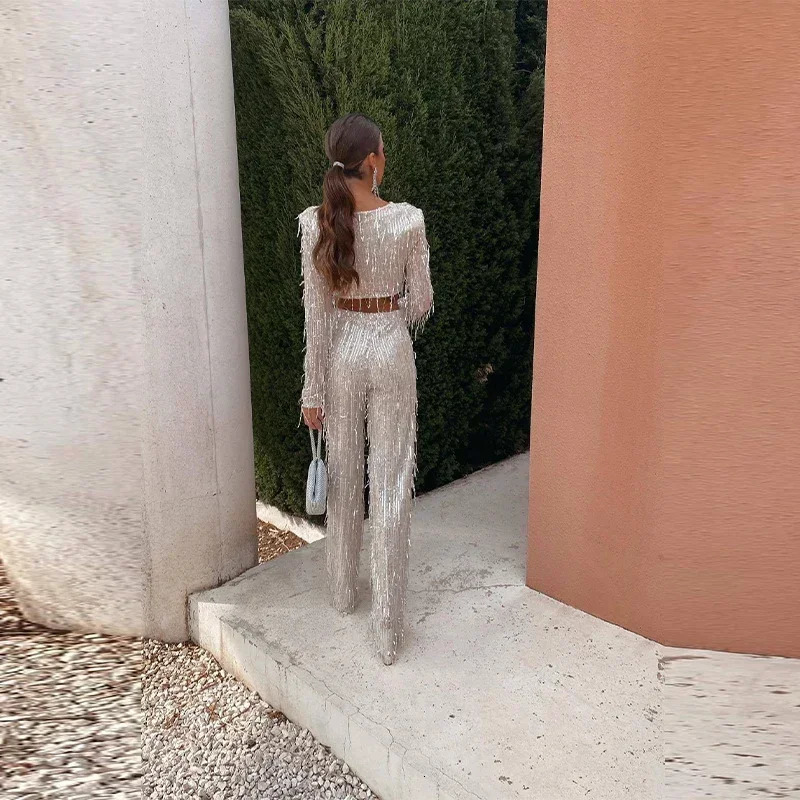 Tassel Sequin Women 2 Piece Set Spring Silver Bright Silk O-neck Crop Tops Wide Leg Pants Female Suit Fashion Street Lady Sets 250210
