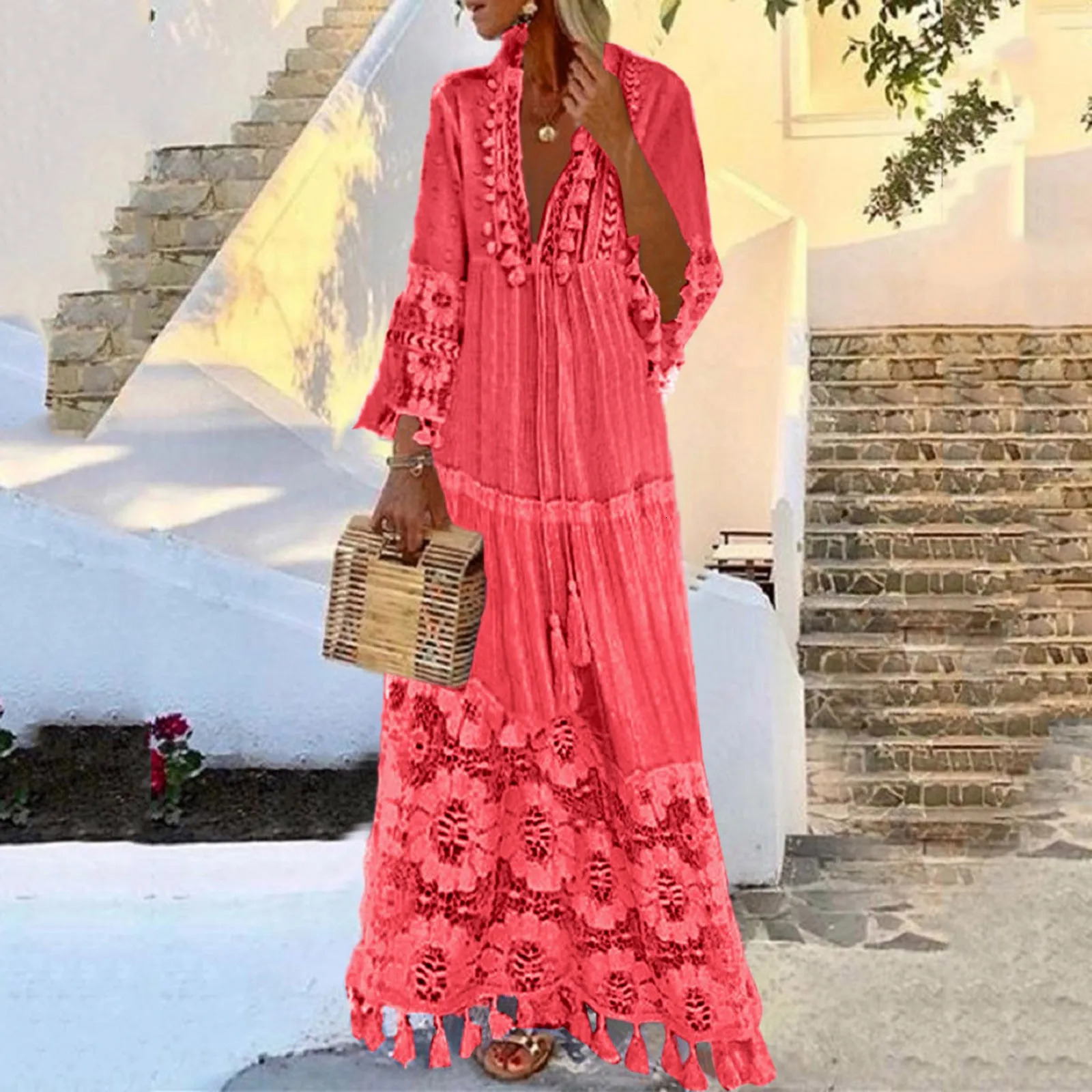Ladies Bohemian V-Neck Tassel Large Size Casual Dress Women Lace Solid Fashion Dress Elegant Robe Boho Holiday Long Dress 250213