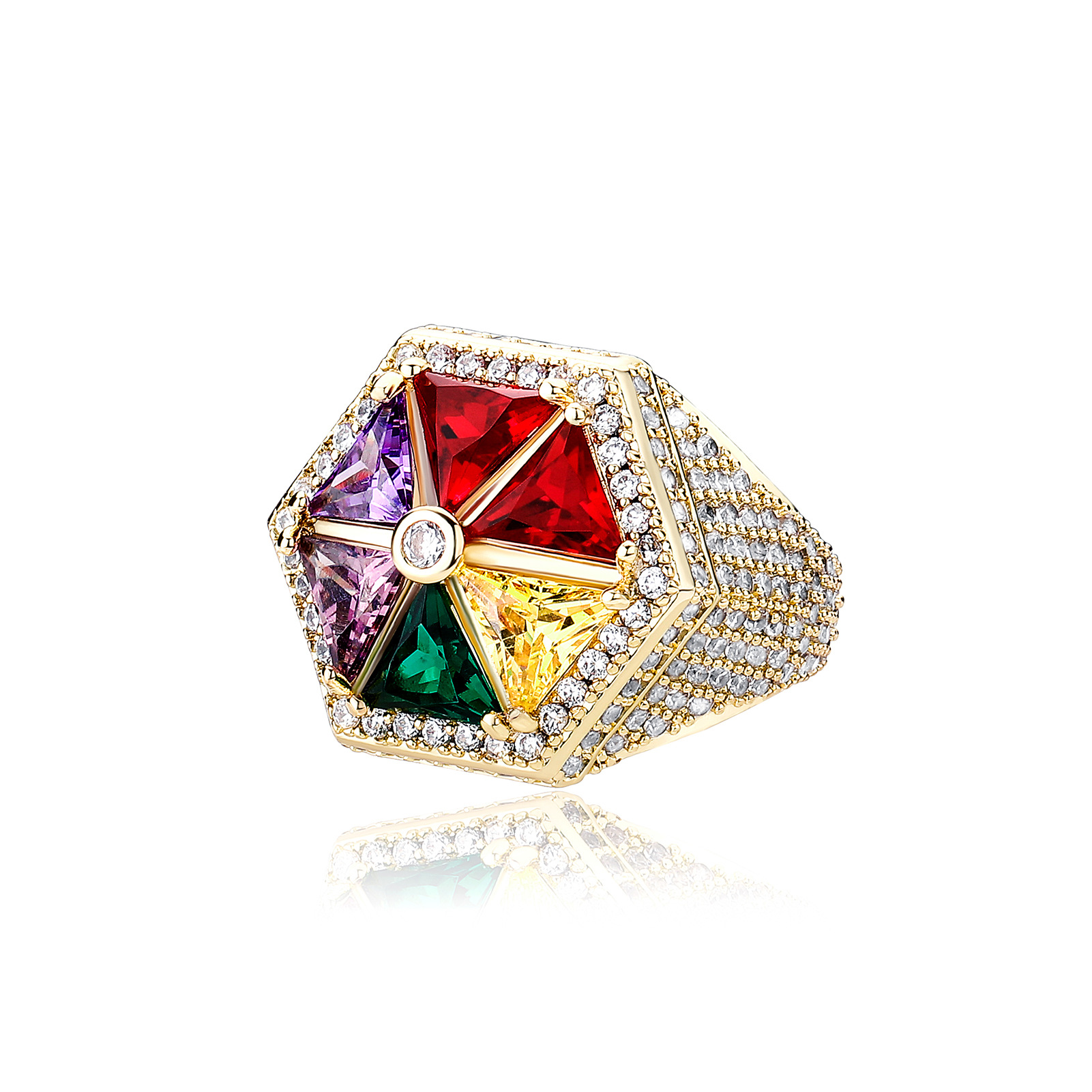 Hip Hop Lovely Candy Colored Hexagon Ring Real Gold Plated TopBling 5A T Zircon Jewelry