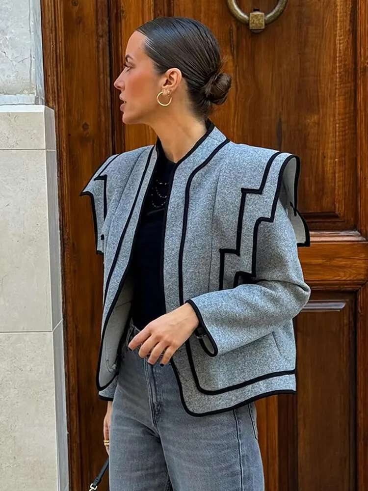 Elegant Contrasting Stand Collar Cropped Jackets Women Fashion Full Sleeve Loose Pockets Coats 2025 Lady Chic Streetwear Spring