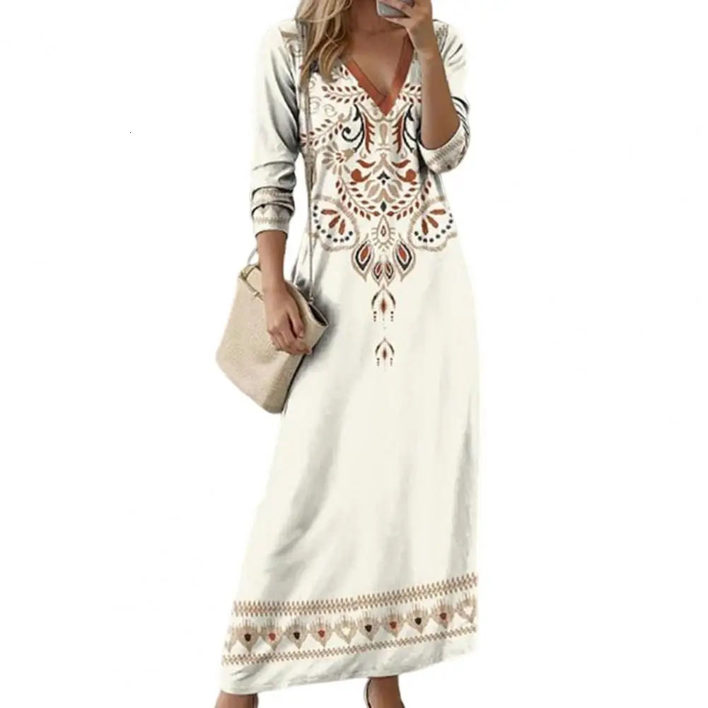 Printed Dress Bohemian Maxi Dress with Ethnic Print V Neck Long Sleeves Womens Spring A-line Pullover in Soft for Ankle 250213