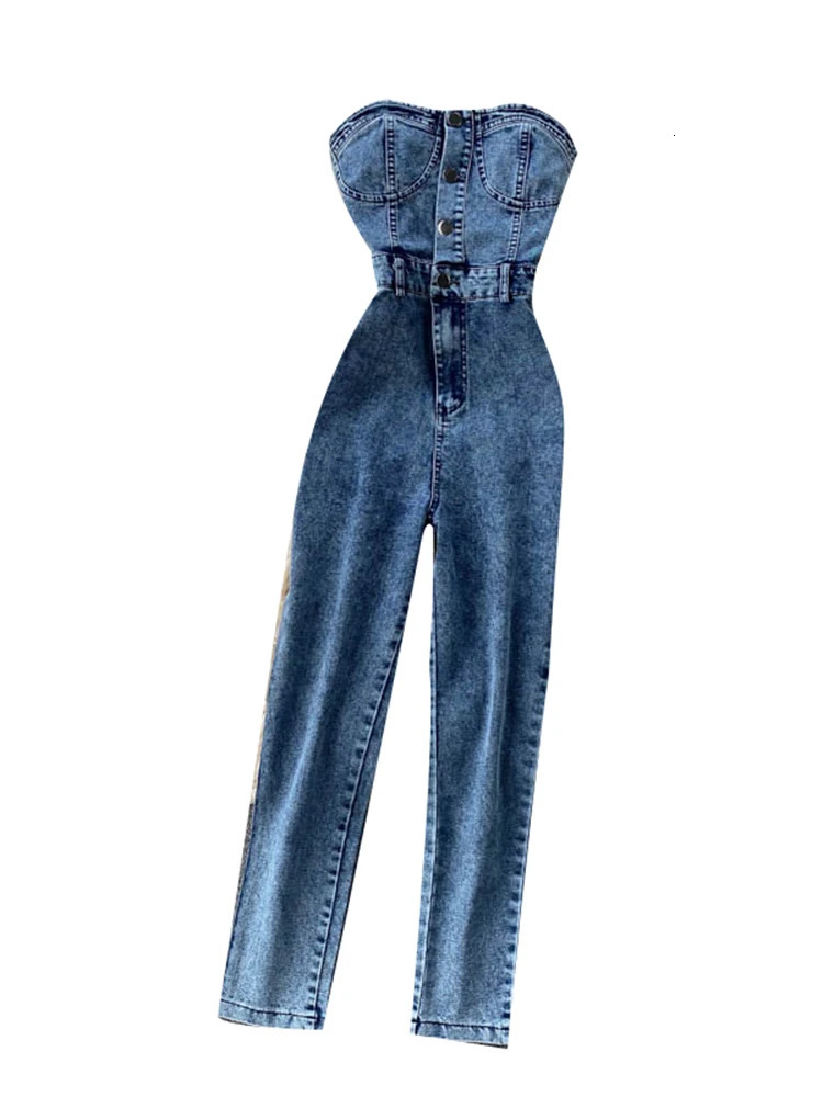 EWQ Elegant Chic Jumpsuit Women Strapless Sleeveless Denim Solid Color High Waist Jumpsuits Winter Spring 2024 27SN5080 250122