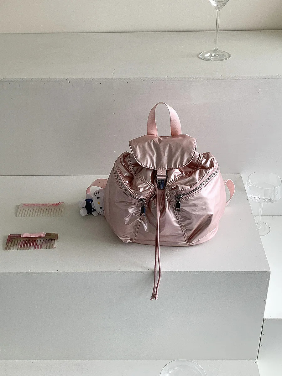 Womens Small Waterproof Nylon Backpacks 2024 Summer Y2K Korean Fashion Silver Backpack Lady Travel Drawstring Back Packs 250122