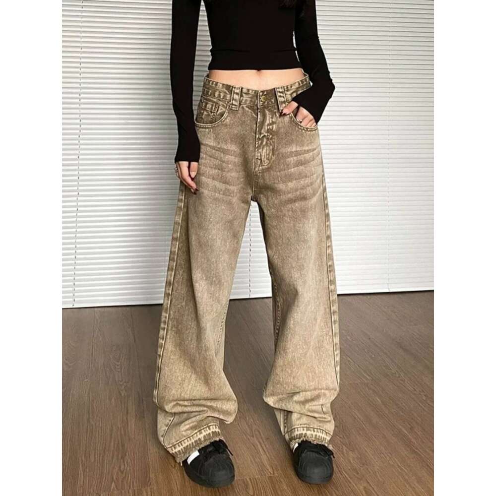 Brown 2024 Women Jeans High Waist Fashion American Vintage Streetwear Y2k Wide Leg Jean Female Trouser Baggy Denim Pants