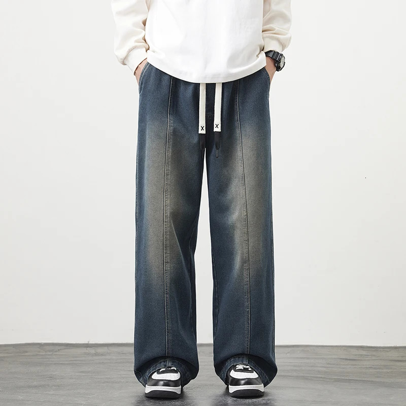 Plus Size M8XL Baggy Jeans Mens Blue Black Streetwear Elastic Waist Y2K Trousers Fashion Straight Leisure Wide Denim Pants 250214