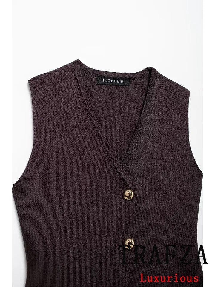 TRAFZA Vintage Chic Women Knitted Suit VNeck Sleeveless Single Breasted Top Straight Long Spliced Skirt Fashion Spring 250214