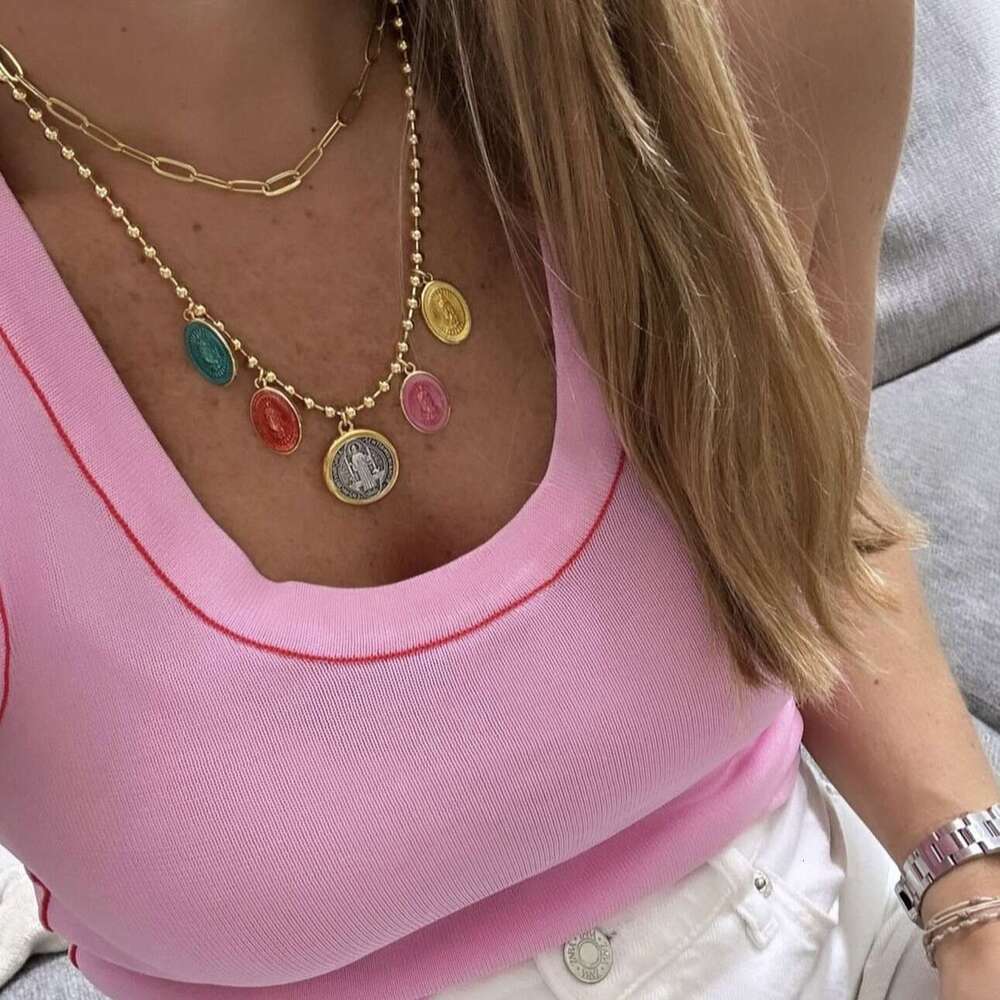 Round Madonna pendant, bead chain, copper gold-plated necklace, religious accessory for women