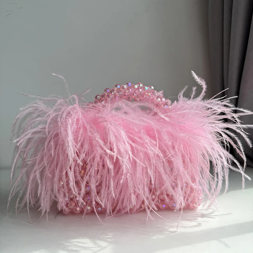 Pearl Bead Bag With Feather Fur er Clear Acrylic Crystal Stone Box Tote Handbag Women Handmade Party Purse 250213