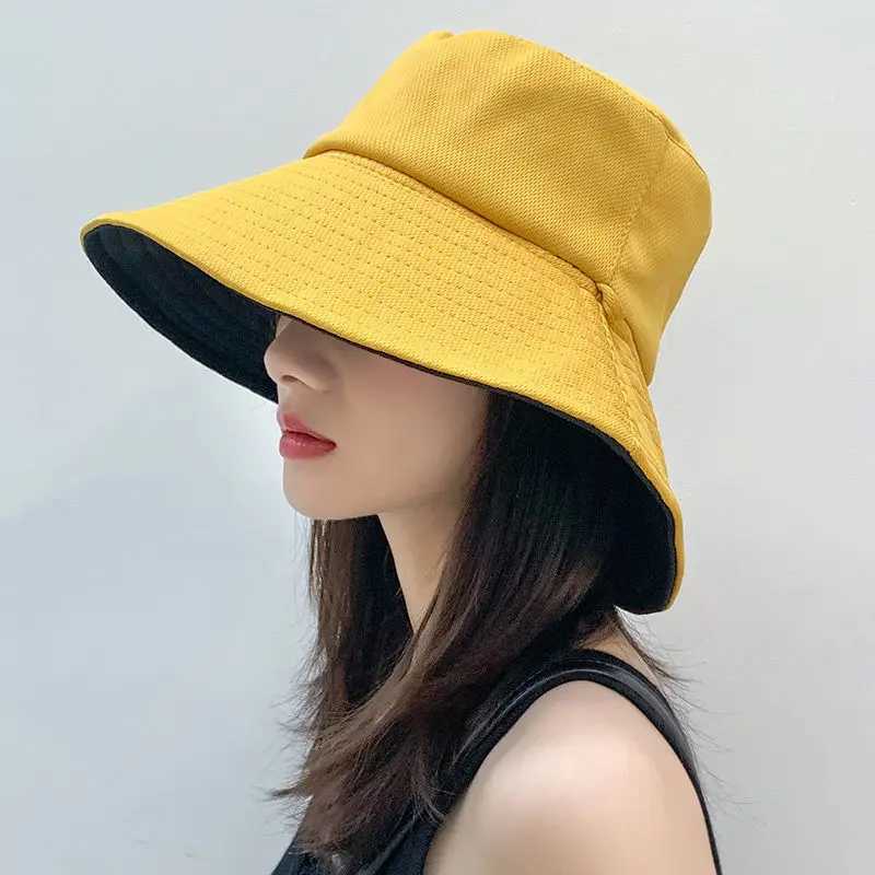 Double-sided Foldable Bucket Hat for Women Girls Summer Sun Hat Fisherman Visor Cap Anti-UV Wide Brim Sunscreen Hats Cotton Caps W250217