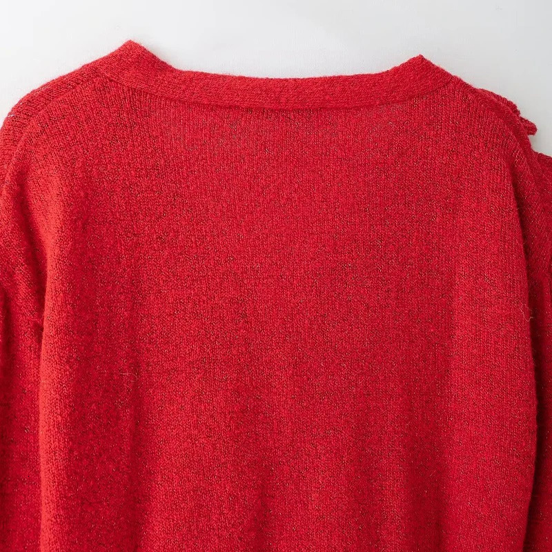 Willshela Women Fashion With Floral Red Pleated Single Breasted Knitted Sweater Vintage VNeck Long Sleeves Female Chic Outfits 250211