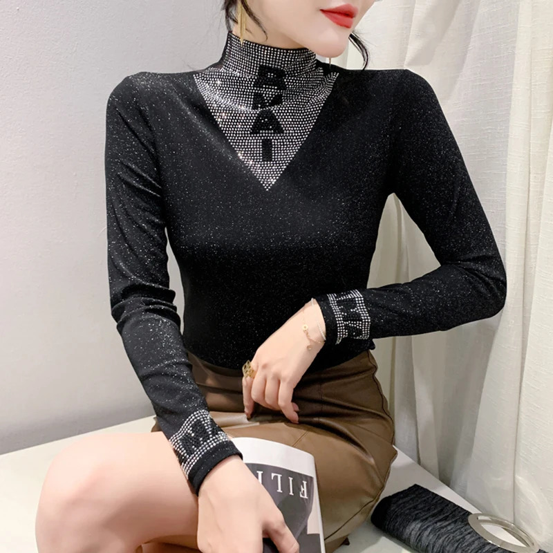 European Station Long Sleeve Women Tees Autumn Winter Stand collar Diamond T Shirt Fashion Slim Mesh Tops 250214