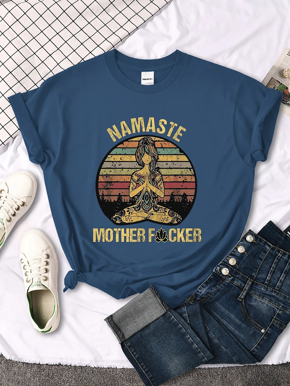 Vintage Namaste Mother Explicit Pattern Women T-Shirt O-Neck Creative T Shirts Fashion Breathable Crop Top Casual Sport T Shirt 250217