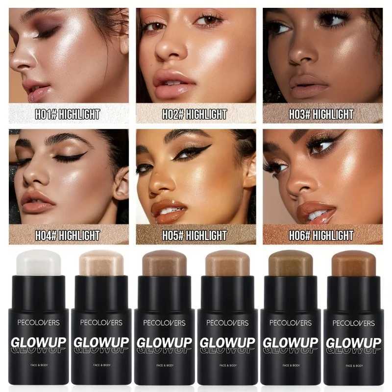 PECOLOVERS 6-Color Shimmer Highlighter Stick - Waterproof Strong Coverage for All Skin Tones Face Body IlluminatorW250217