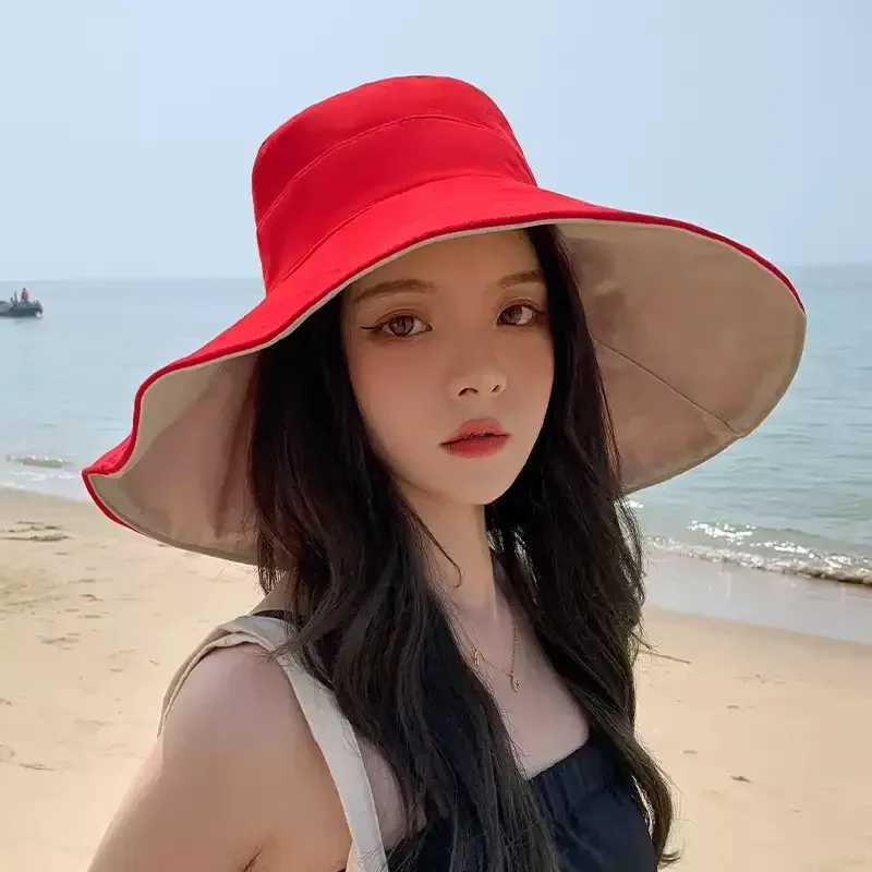 Spring Summer New Big Wide Brim Women Bucket Hat Solid Color Foldable UV Protection Outdoor Beach Panama Cap Sun Hats W250217