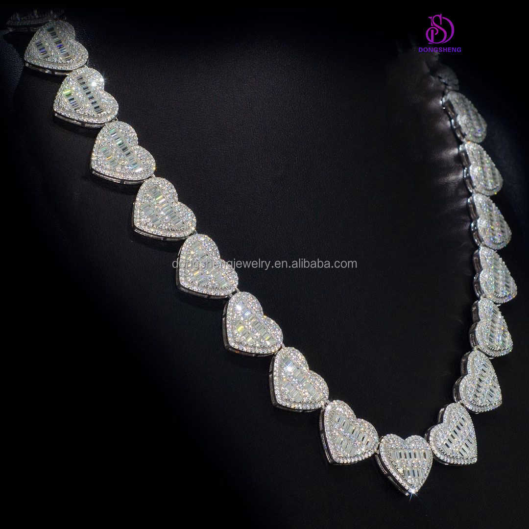 Women Fine Jewelry Fashion 925 Silver heart-shaped Necklace Iced Out Diamond Vvs Moissanite Hip Hop Cuban chain