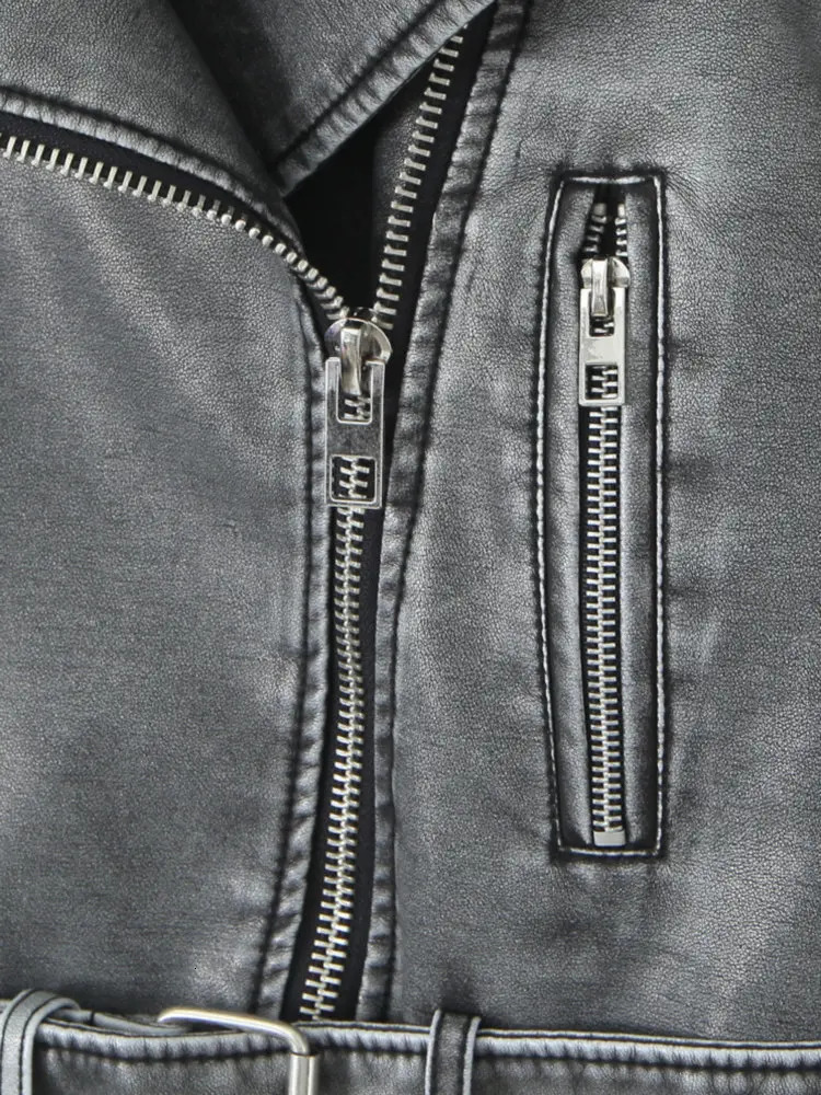 Women Autumn Winter Loose Gray PU Faux Leather Short Jackets Belt Female High Street Zipper Retro Moto Biker Coats Outwear XSXL 250211