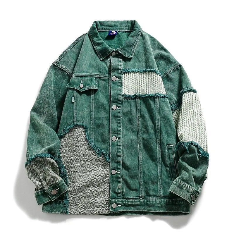 High Street Green Denim Patchwork Jacket For Men Autumn Long sleeve Coat Fashion Retro Casual Loose Jeans Tops Clothing 250210