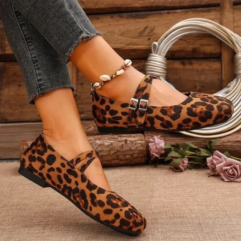 Mary Jane Buckle Strap Ballet Flats Women Shoes Shallow Casual Leopard Print Comfortable Square Toe Flat Shoes for Women Zapatos 250214