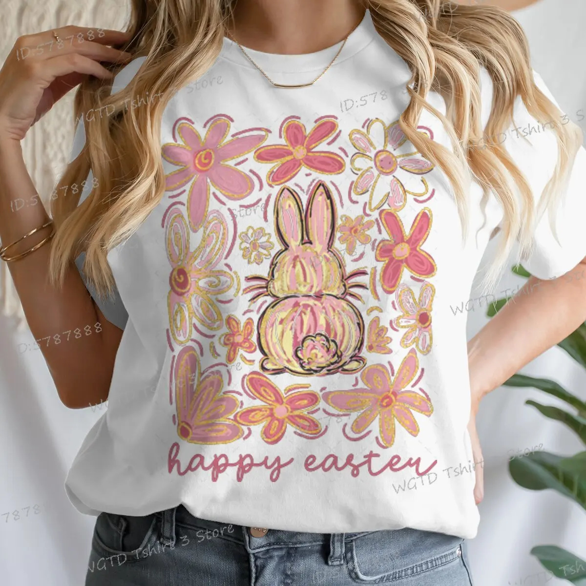 Happy Easter Bunny T-shirts s Pink Easter Floral Short Sleeve T-shirt Glitter Easter Bunny Coquette Bow Flower Vintage Shirt 250217