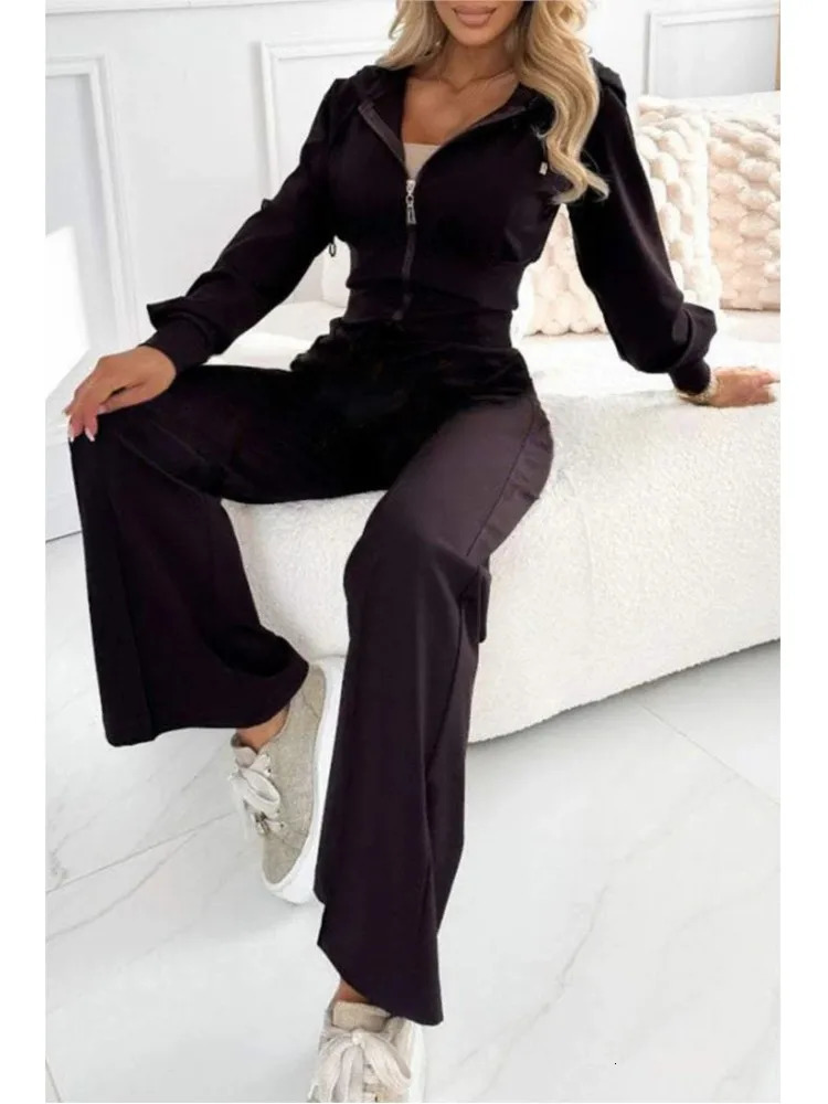 Autumn And Winter Hooded Zipper Jacket Tight Solid Color Two-piece Sets Women Fashion Casual Wide Leg Pants 2 Piece Set 250210