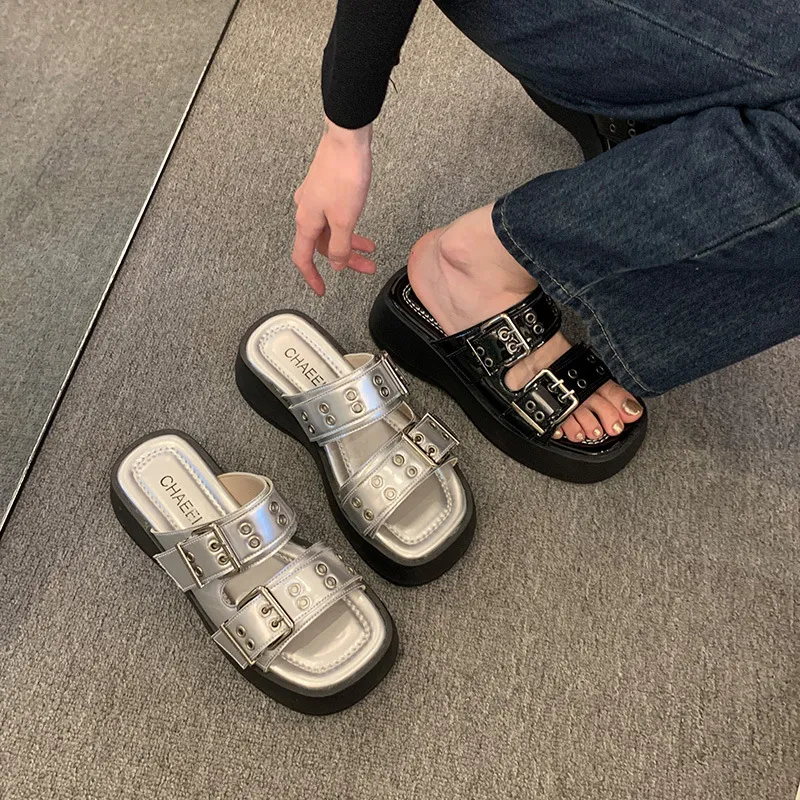 Soft High Heeled 2024 Woman Belt Double Buckle Sandal Beach Designer Slippers Platform Flat Shoes Female Summer