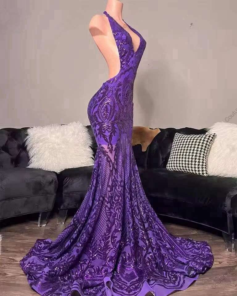 Light Purple Sequined Lace Hlater Mermaid Prom Dresses For Birthday Dress Black Girls tail Gowns Prettty Customized