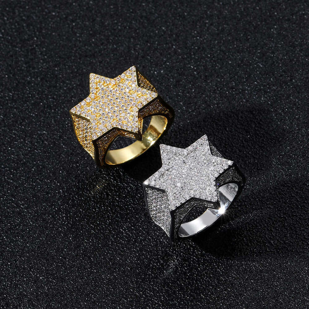 Green Five pointed Star Hexagonal Ring Moissanite Personalized Men's Hip Hop Accessories