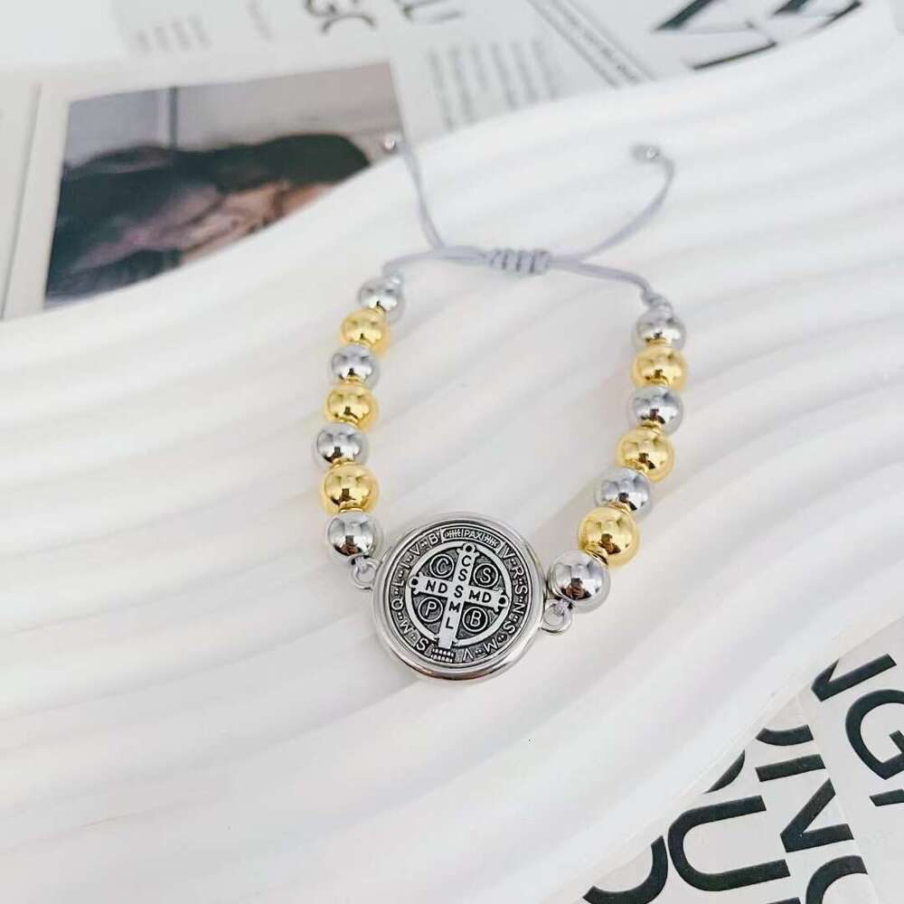 New Saint Benedict Copper Gold Sier Mixed Color Bracelet Adjustable Rope Bead Weaving Hand String Women's Jewelry